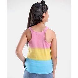Pine Kids 100% Cotton Knit Sleeveless Bio-Washed T-Shirt Tie-Die & Text Print - Pink Yellow & Blue