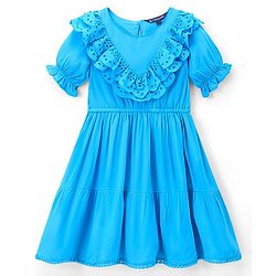 Pine Kids 100% Cotton Knit Puffed Sleeves Wrinkled Dress with Schiffli Lace Detailing - Blue