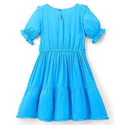 Pine Kids 100% Cotton Knit Puffed Sleeves Wrinkled Dress with Schiffli Lace Detailing - Blue