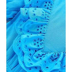 Pine Kids 100% Cotton Knit Puffed Sleeves Wrinkled Dress with Schiffli Lace Detailing - Blue