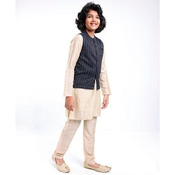 Pine Kids Full Sleeves Kurta Pyjama Set with Bandi Woven Stripes Design - Off White