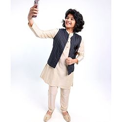 Pine Kids Full Sleeves Kurta Pyjama Set with Bandi Woven Stripes Design - Off White