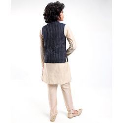 Pine Kids Full Sleeves Kurta Pyjama Set with Bandi Woven Stripes Design - Off White
