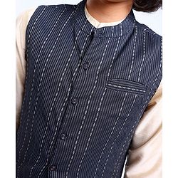 Pine Kids Full Sleeves Kurta Pyjama Set with Bandi Woven Stripes Design - Off White