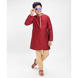 Pine Kids Full Sleeves Pintuck Kurta Pyjama Set Striped Design - Red