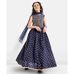 Pine Kids Viscose Sleeveless Sequin Embellished Choli & Lehenga Set with Dupatta Zari Design - Blue
