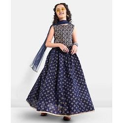 Pine Kids Viscose Sleeveless Sequin Embellished Choli & Lehenga Set with Dupatta Zari Design - Blue