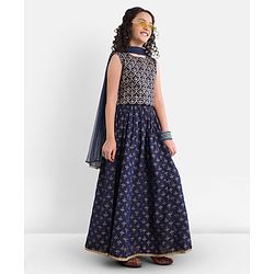 Pine Kids Viscose Sleeveless Sequin Embellished Choli & Lehenga Set with Dupatta Zari Design - Blue