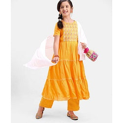 Pine Kids 100% Viscose Half Sleeves Kurta and Salwar Set with Duppata Motif Embroidery - Mustard