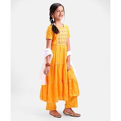 Pine Kids 100% Viscose Half Sleeves Kurta and Salwar Set with Duppata Motif Embroidery - Mustard