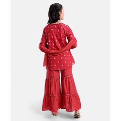 Pine Kids Three Fourth Sleeves Flower Print Layered Kurti & Churidar Salwar Set - Red