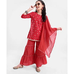 Pine Kids Three Fourth Sleeves Flower Print Layered Kurti & Churidar Salwar Set - Red