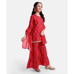 Pine Kids Three Fourth Sleeves Flower Print Layered Kurti & Churidar Salwar Set - Red