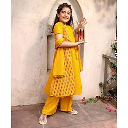 Pine Kids Viscose Half Sleeves Floral Printed Kurta & Salwar Set with Dupatta - Yellow