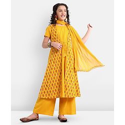 Pine Kids Viscose Half Sleeves Floral Printed Kurta & Salwar Set with Dupatta - Yellow