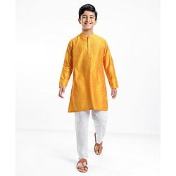 Pine Kids Full Sleeves Pintuck Checked Kurta Pyjama Set - Yellow