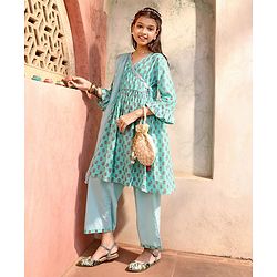 Pine Kids Cotton Three Fourth Sleeves Side Thread Work Kurta & Salwar Set with Dupatta Floral Print - Turquoise