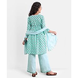 Pine Kids Cotton Three Fourth Sleeves Side Thread Work Kurta & Salwar Set with Dupatta Floral Print - Turquoise
