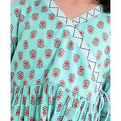 Pine Kids Cotton Three Fourth Sleeves Side Thread Work Kurta & Salwar Set with Dupatta Floral Print - Turquoise