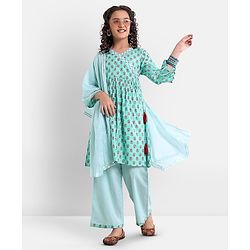Pine Kids Cotton Three Fourth Sleeves Side Thread Work Kurta & Salwar Set with Dupatta Floral Print - Turquoise