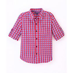 Pine Kids Full Sleeve Turn Up Single Pocket Checks Shirt - Red