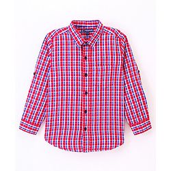 Pine Kids Full Sleeve Turn Up Single Pocket Checks Shirt - Red