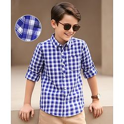 Pine Kids Cotton Full Sleeves Checks Shirt With Sleeve Turn Up - Blue