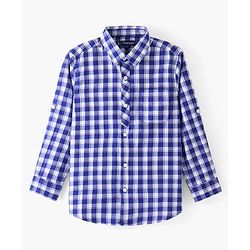Pine Kids Cotton Full Sleeves Checks Shirt With Sleeve Turn Up - Blue