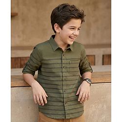 Pine Kids 100% Cotton Full Sleeve Turn Up Single Pocket Striped Shirt - Green
