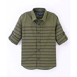 Pine Kids 100% Cotton Full Sleeve Turn Up Single Pocket Striped Shirt - Green