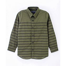 Pine Kids 100% Cotton Full Sleeve Turn Up Single Pocket Striped Shirt - Green