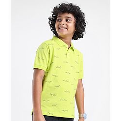 Pine Kids Cotton Knit Half Sleeves Shark Print Biowashed T-Shirt - Green