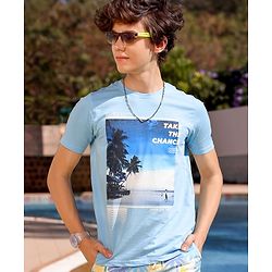 Pine Kids 100% Cotton Half Sleeves Biowashed T-Shirt Scenery Print- Blue