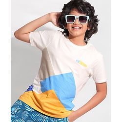 Pine Kids 100% Cotton Bio Washed Half Sleeves T-shirt with Colour Block Pattern - White