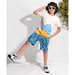 Pine Kids 100% Cotton Bio Washed Half Sleeves T-shirt with Colour Block Pattern - White