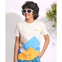 Pine Kids 100% Cotton Bio Washed Half Sleeves T-shirt with Colour Block Pattern - White
