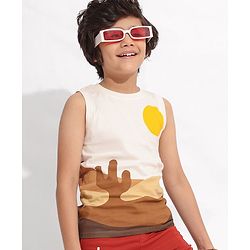 Pine Kids 100% Cotton Knit Sleeveless Desert Printed Biowashed T-Shirt - Brown