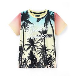 Pine Kids 100% Cotton Knit Half Sleeves Palm Trees Printed Biowashed T-Shirt - Blue & Peach