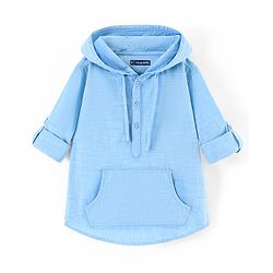 Pine Kids 100% Cotton Woven Soft Hand Feel Full Sleeves Hooded Shirt with Kangaroo Pocket - Blue
