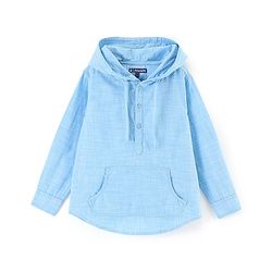 Pine Kids 100% Cotton Woven Soft Hand Feel Full Sleeves Hooded Shirt with Kangaroo Pocket - Blue