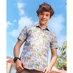 Pine Kids 100% Cotton Half Sleeves Shirt Conversational Print - Blue