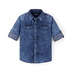 Pine Kids 100% Cotton Woven Full Sleeves Washed Denim Shirt with Double Flap Pocket - Blue