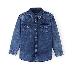 Pine Kids 100% Cotton Woven Full Sleeves Washed Denim Shirt with Double Flap Pocket - Blue