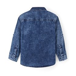 Pine Kids 100% Cotton Woven Full Sleeves Washed Denim Shirt with Double Flap Pocket - Blue
