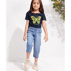 Pine Kids Cotton Elastane Three Fourth Length Jeggings - Light Blue