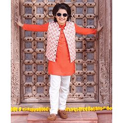 Pine Kids Full Sleeves Kurta Pyjama Set wih Printed Bandi - Orange