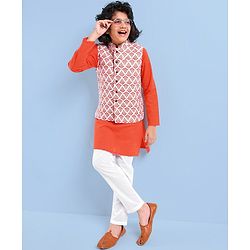 Pine Kids Full Sleeves Kurta Pyjama Set wih Printed Bandi - Orange
