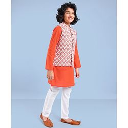 Pine Kids Full Sleeves Kurta Pyjama Set wih Printed Bandi - Orange