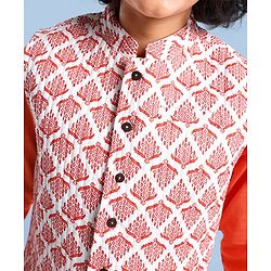 Pine Kids Full Sleeves Kurta Pyjama Set wih Printed Bandi - Orange