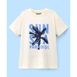 Pine Kids 100% Cotton Half Sleeves Biowashed T-Shirt Palm Tree Print - Off White
